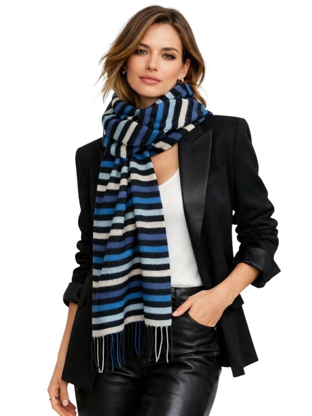 Modern Striped Fringed Acrylic Scarf In Black Blue Gray & Teal Made In Germany